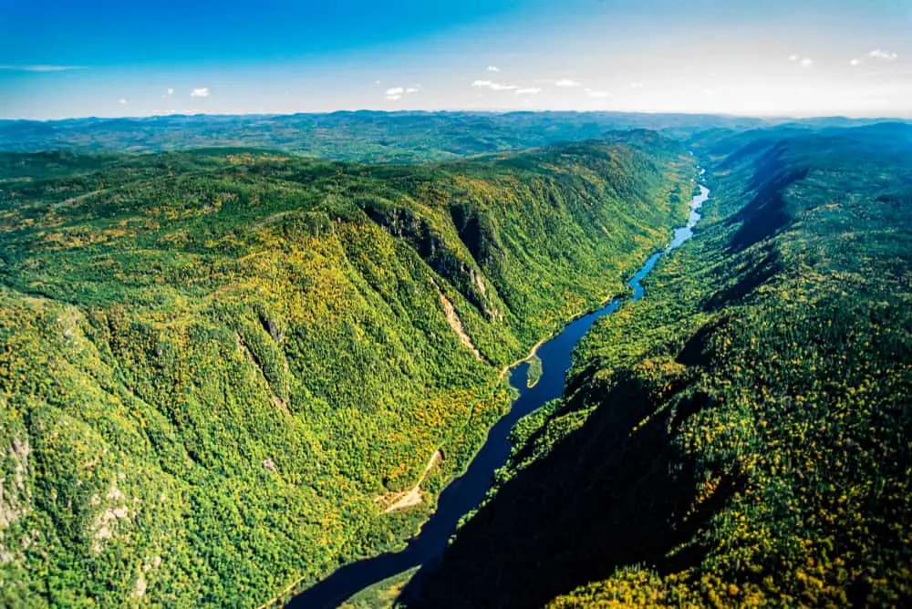 This is an aerial view of Jacques-Cartier National Park in Quebec, Canada.