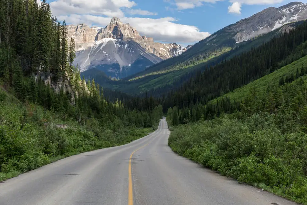 This is a Canadian mountain road surrounded by forests.