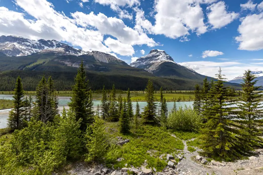 This is another look at the Saskatchewan river with a view of the rocky mountains.