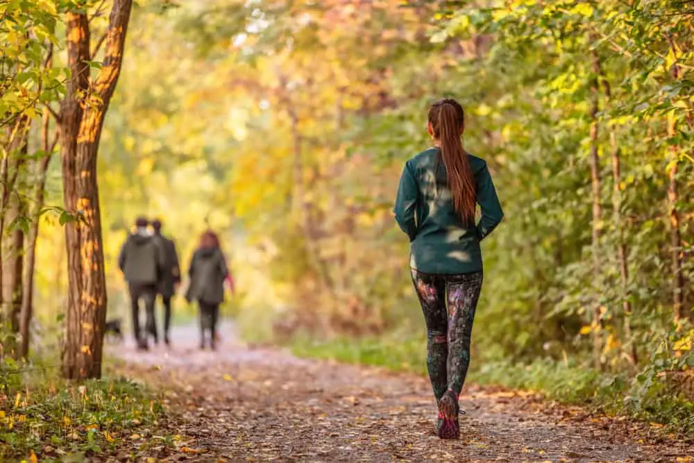 A woman walking through the forest hiking trail in Quebec.