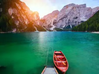 Braies lake with boat.