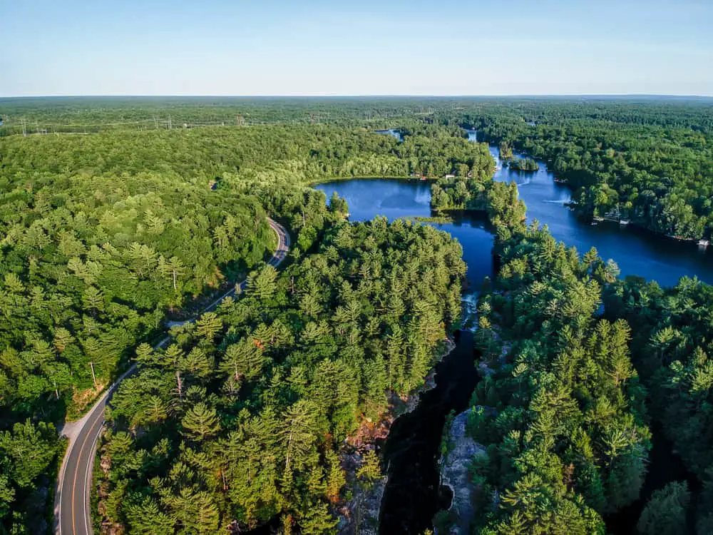 This is an aerial view of a highway winding through a forest in Northern Ontario.