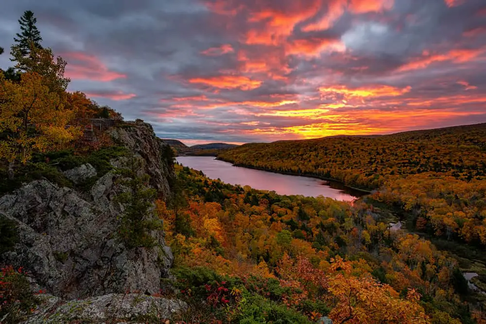 This is a view of the sunrise over Lake of the Clouds in Porcupine Mountains Sate Park, Michigan.