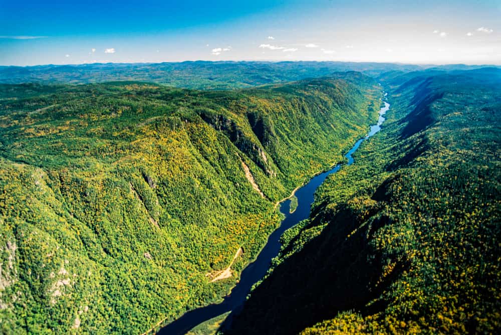 This is an aerial view of Jacques-Cartier National Park in Quebec, Canada.