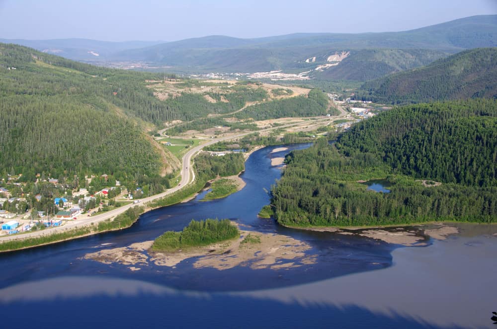 Confluence of the Yukon and Klondike rivers in Dawson City in Yukon, Canada.