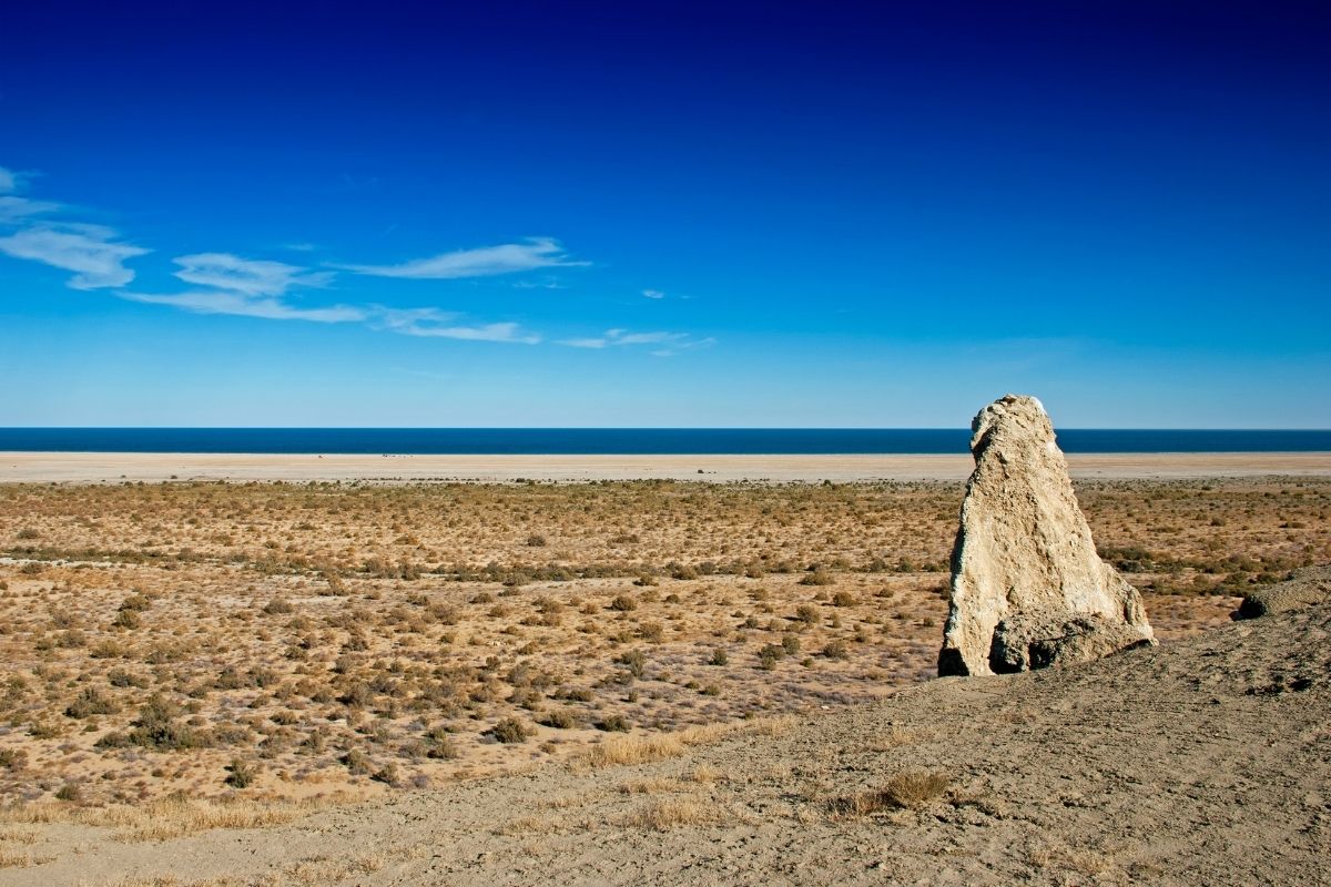 Aral sea desert beach kazakhastan.