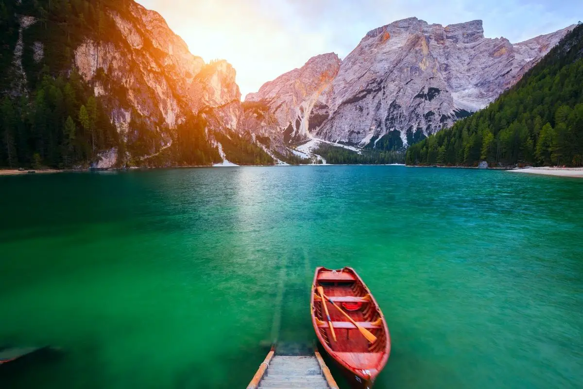 Braies lake with boat.