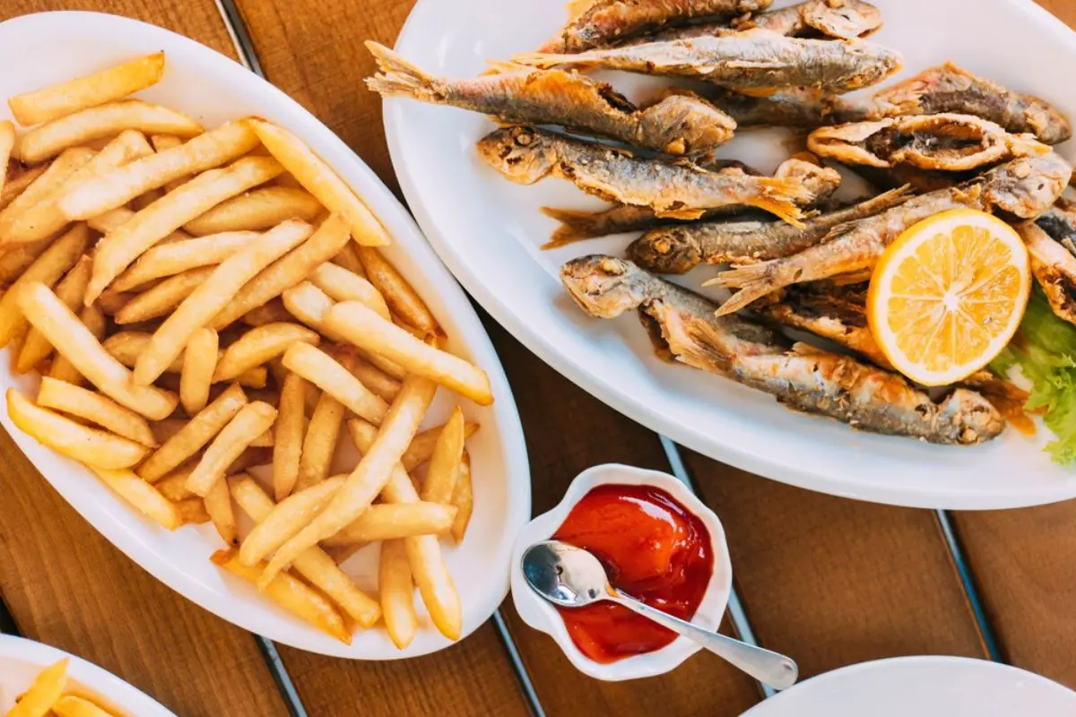 French fries and grilled fishes.